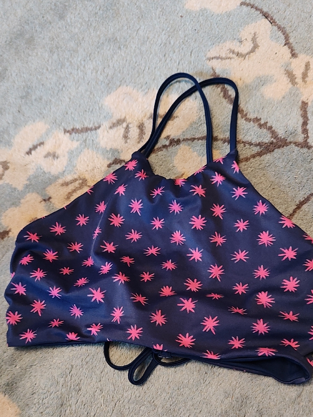 Lands' End Navy Crop Bikini Top with Pink Starburst Print